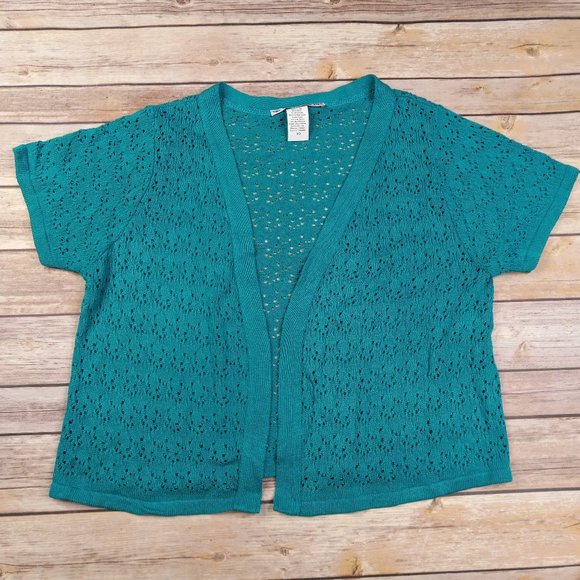 Two One Two New York M Short Sleeve Cardigan Turquoise Made In USA - Picture 1 of 4